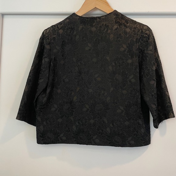 Vintage Black Brocade Jacquard Collarless Cropped Jacket 3/4 Sleeve - Picture 7 of 9
